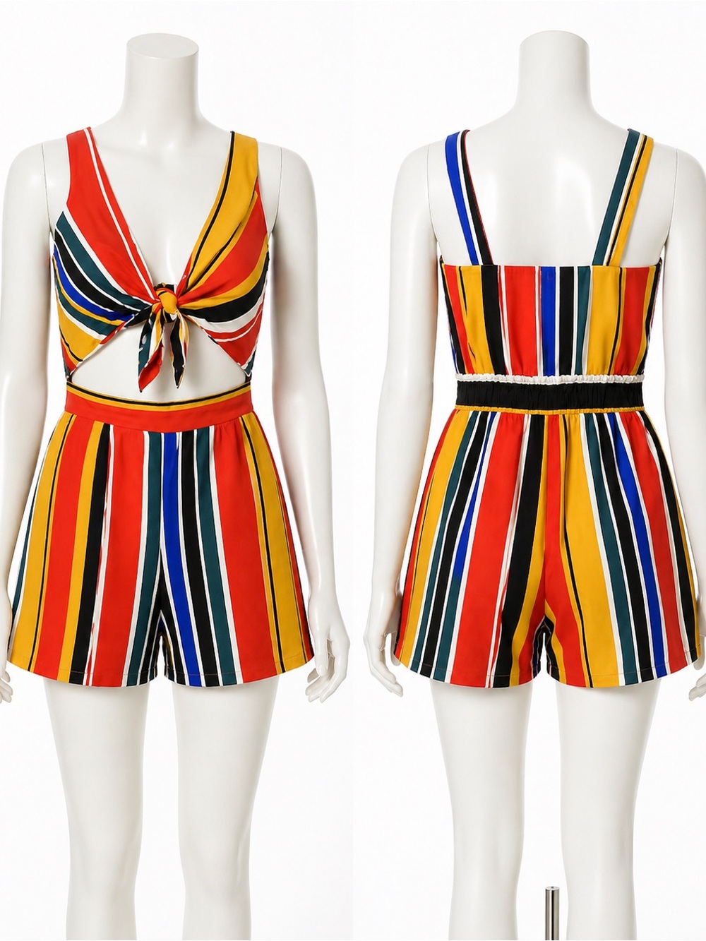 Windsor Multicolor Stripe Tie-Front Romper - Red, Yellow, Blue, Green, Black
